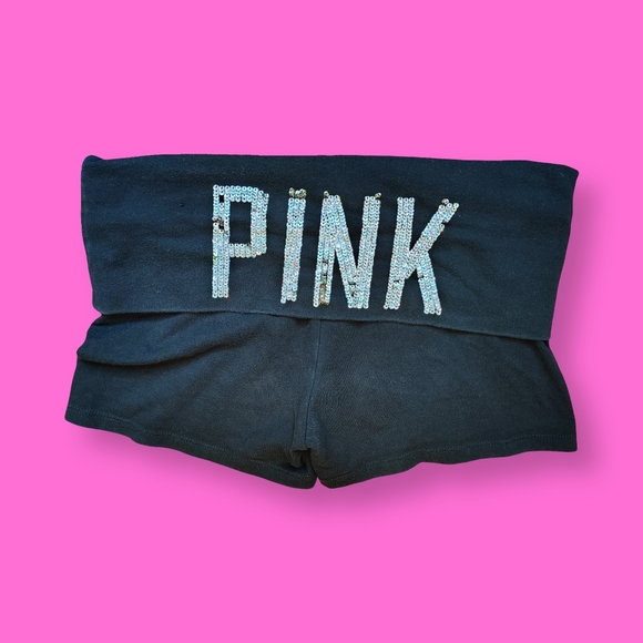 PINK Victoria's Secret Pants - SOLD Victoria’s Secret PINK Foldover Yoga Shorts XS Black Silver Sequin Stretch